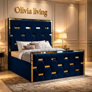 Honeycomb upholstered bed with geometric headboard and footboard – handmade in the UK by Olivia Living
