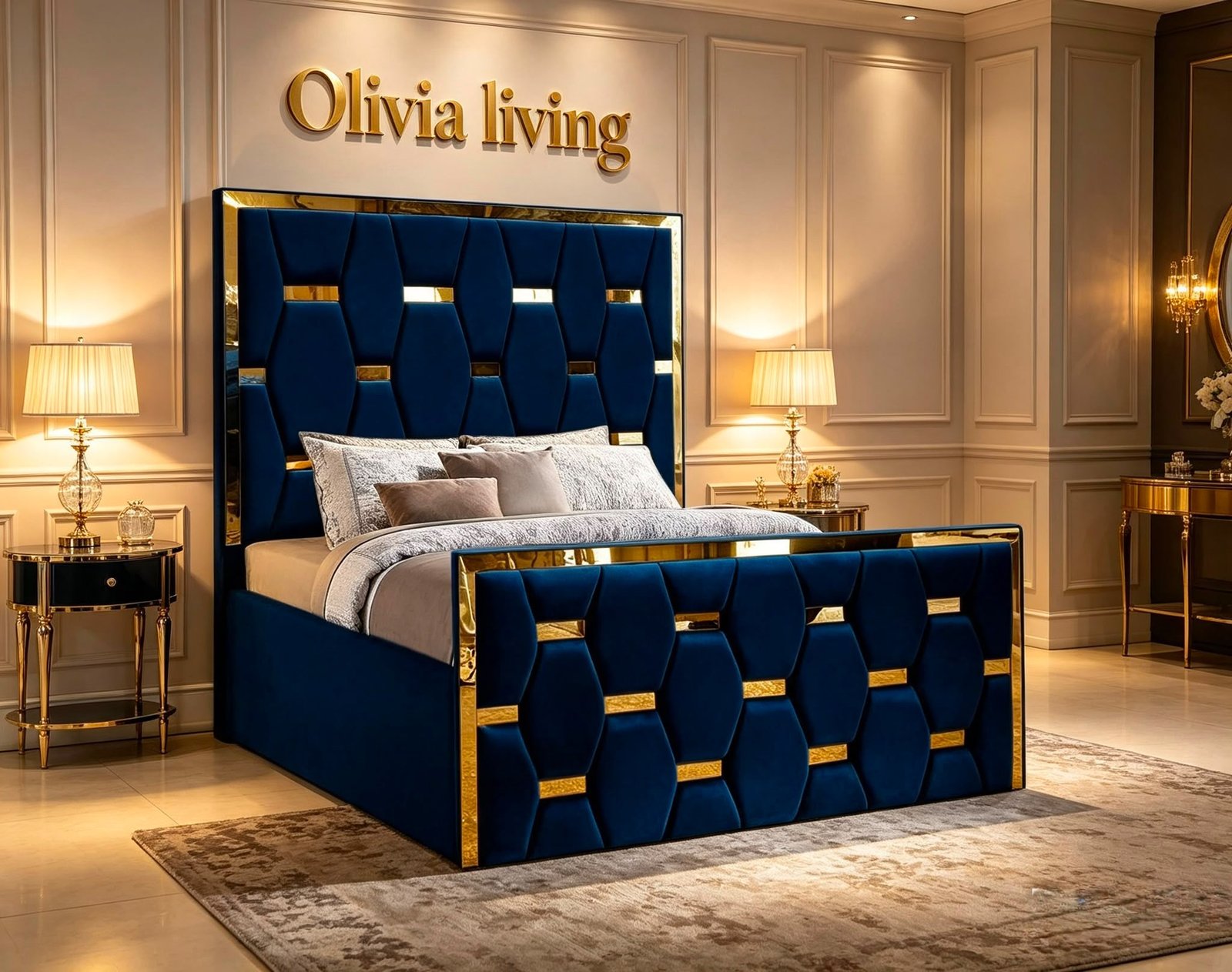 Honeycomb upholstered bed with geometric headboard and footboard – handmade in the UK by Olivia Living